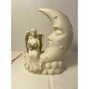 White Porcelain Winged Angel with Man In The Moon Night Light Nursery Table Lamp